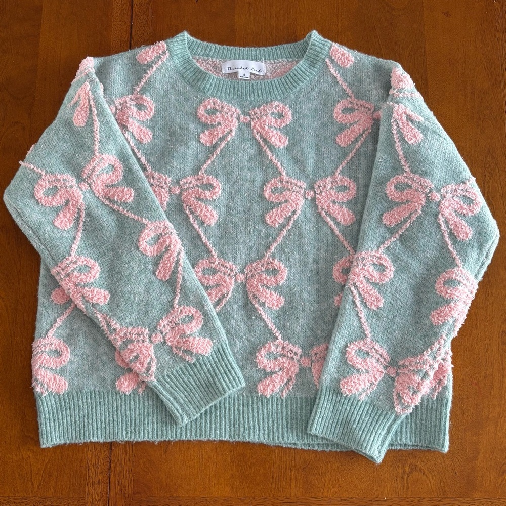 Threaded Leaf Bow Pattern Sweater Aqua Pink Prepp… - image 1